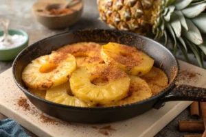 Abacaxi caramelizado com pedaços dourados e brilhantes servido em prato branco﻿.