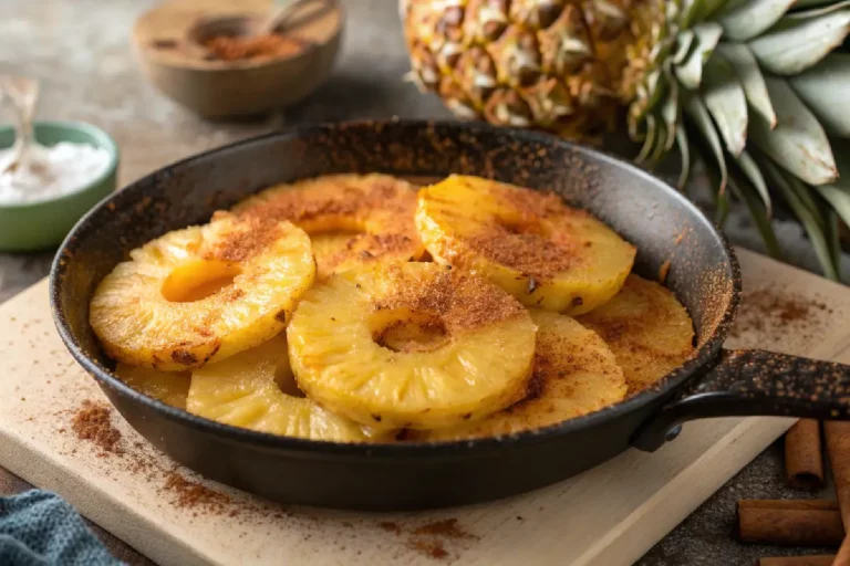 Abacaxi caramelizado com pedaços dourados e brilhantes servido em prato branco﻿.