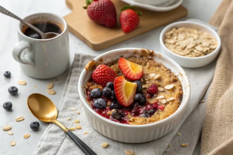Baked oats cremoso assado com aveia, banana e canela, pedaços de chocolate e nozes visíveis, tigela quente estilo cookie.
