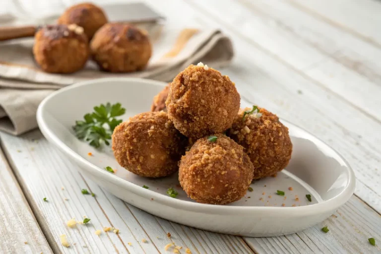 Bolinhos de carne dourados e crocantes, servidos em prato rústico com molho