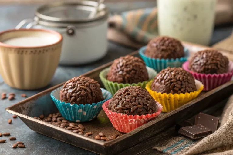 Brigadeiro tradicional brasileiro enrolado com granulado de chocolate, docinho cremoso de leite condensado em forminhas de papel.​