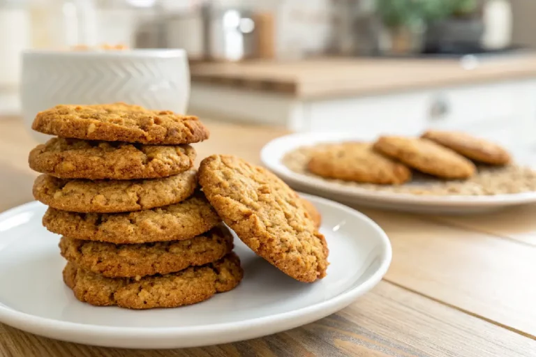 Cookies de aveia caseiros crocantes e dourados servidos em prato sobre mesa de madeira