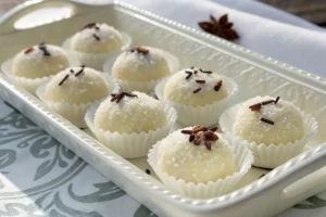 Beijinho caseiro com coco ralado, em mini porções decoradas com cravo-da-índia, sobre prato branco