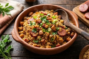 Tigela de cerâmica rústica com farofa de linguiça calabresa e bacon crocante dourada, com salsinha fresca por cima sobre mesa de madeira escura