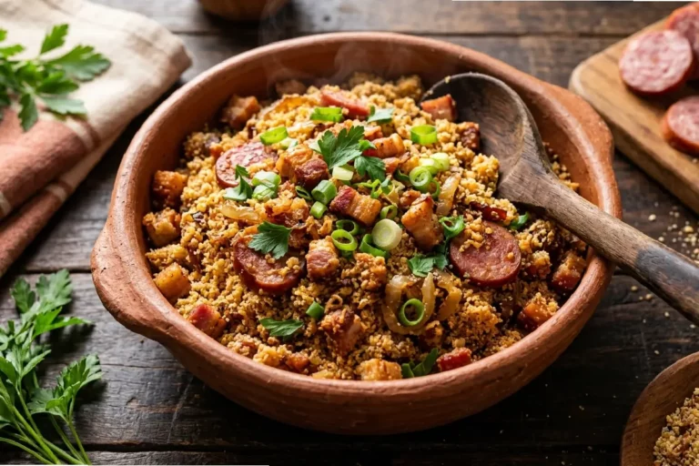 Tigela de cerâmica rústica com farofa de linguiça calabresa e bacon crocante dourada, com salsinha fresca por cima sobre mesa de madeira escura