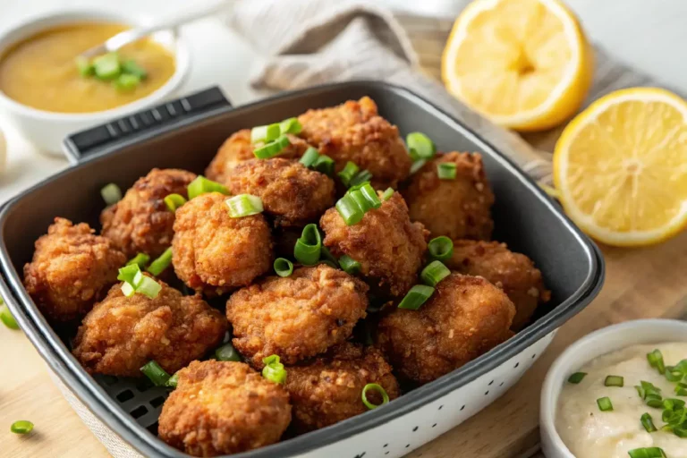 Pedaços crocantes de frango a passarinho assados na air fryer, dourados e suculentos.