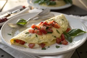 Omelete de ricota cremosa com tomate cereja, manjericão fresco e queijo derretido, dobrada em prato quente colorido.
