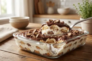 Pavê de Sonho de Valsa cremoso com camadas de creme, biscoito e chocolate em travessa de vidro.