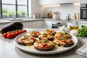 Pizza de berinjela low carb com queijo gratinado