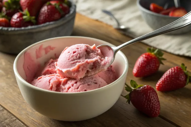 Sorvete caseiro de morango cremoso rosa vibrante com pedaços de morango fresco, servido em taça gelada com colher.