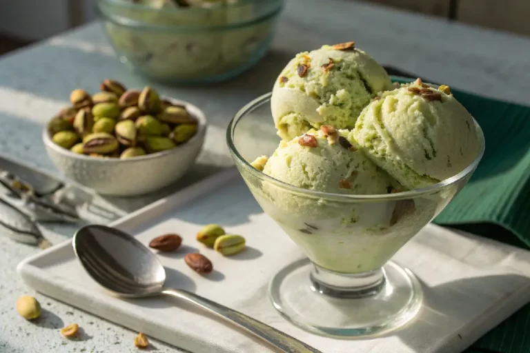 Sorvete de pistache caseiro cremoso com pedaços de pistache visíveis, cor verde natural e textura suave em taça gelada.