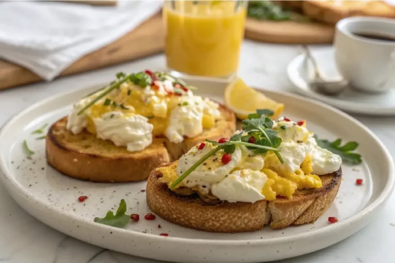 Torradas com ovos mexidos cremosos e creme de ricota temperado com limão e ervas sobre prato branco
