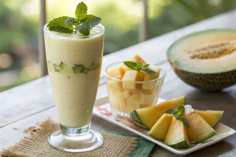 Copo de vitamina cremosa de melão com iogurte, decorado com pedaços de melão.