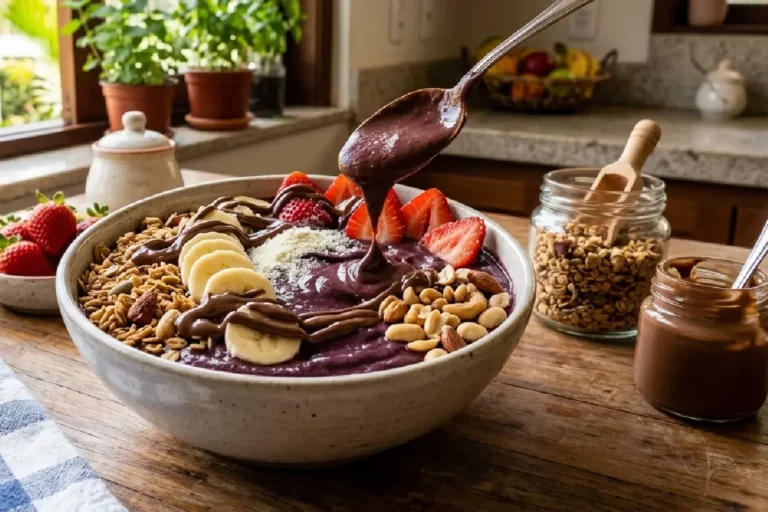 Açaí com creme de avelã, banana, morango e granola