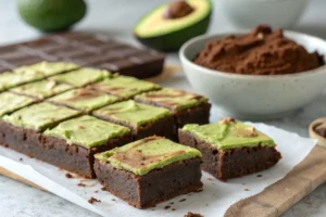 Brownie de abacate úmido e saudável com pedaços de chocolate, textura cremosa e cor escura, servido em fatias retangulares.