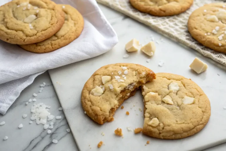 Cookies com chocolate branco recém-assados sobre mármore claro, com bordas douradas e pedaços de chocolate derretido visíveis