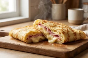 Crepe de sanduicheira dourado com recheio de queijo e presunto