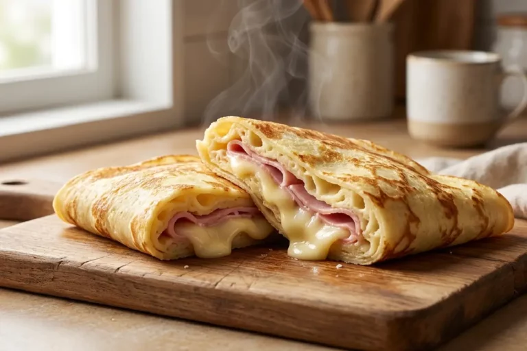 Crepe de sanduicheira dourado com recheio de queijo e presunto
