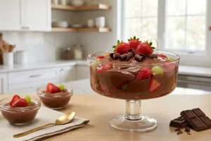 Estrogonofe de chocolate cremoso com morangos