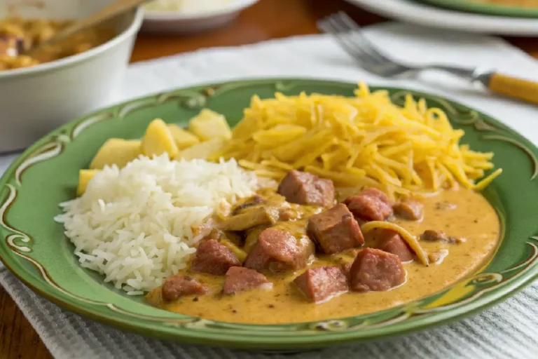 Estrogonofe de linguiça cremoso servido em prato com arroz branco e batata palha