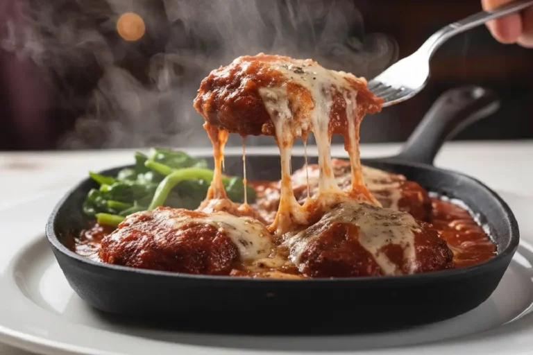 Filé mignon à parmigiana empanado, coberto com molho de tomate caseiro e queijo mussarela gratinado, servido em prato branco.