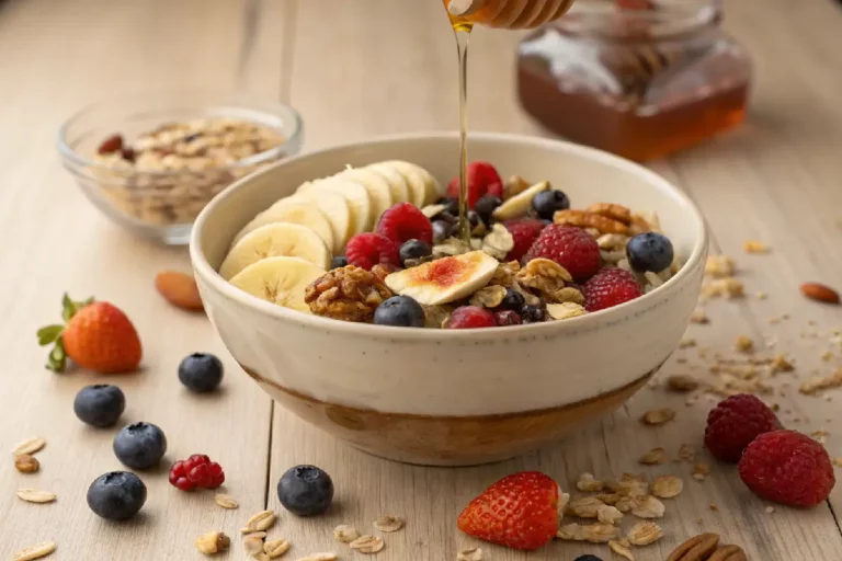 Bowl de muesli artesanal com frutas secas coloridas, nozes e mel sobre superfície de madeira clara com jarro de leite ao lado