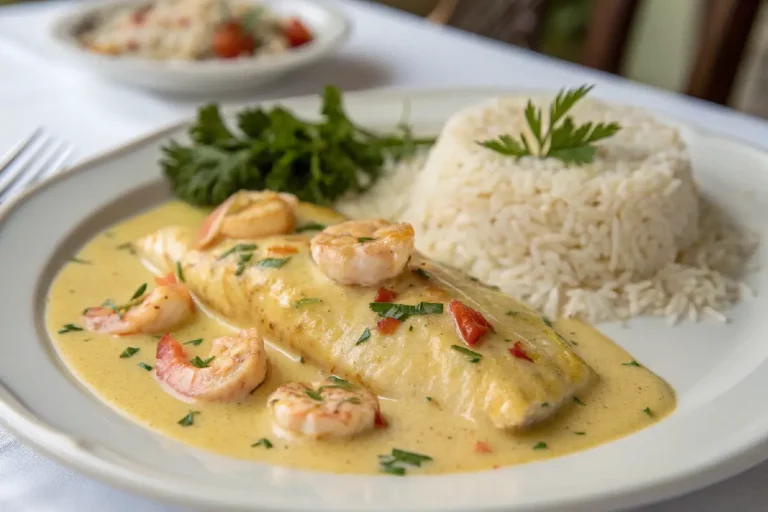 Pescadinha amarela ao molho cremoso de camarão, servida em prato branco decorada com ervas frescas﻿.