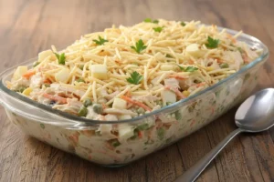 Salpicão de frango tradicional brasileiro com frango desfiado, legumes coloridos, maçã e batata palha, salada cremosa e refrescante.