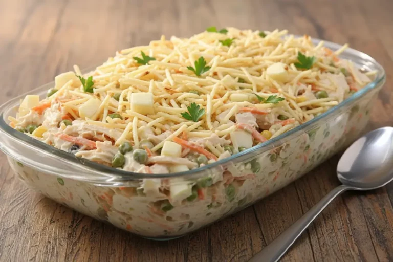 Salpicão de frango tradicional brasileiro com frango desfiado, legumes coloridos, maçã e batata palha, salada cremosa e refrescante.