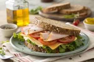 Sanduíche de peito de peru com pão integral, alface fresca, tomate e maionese, servido em prato branco, visual apetitoso e saudável.