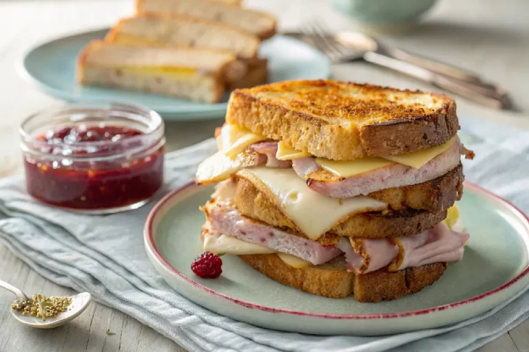 Sanduíche Monte Cristo dourado, recheado com presunto, queijo e empanado.