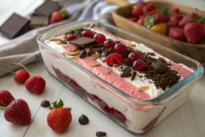 Sorvete sensação cremoso, com camadas de chocolate ao leite e creme branco, apresentando pedaços de chocolate crocante na superfície.