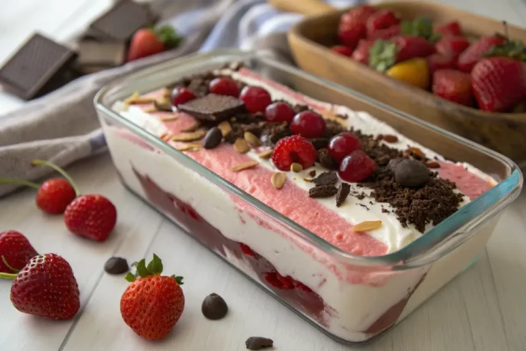 Sorvete sensação cremoso, com camadas de chocolate ao leite e creme branco, apresentando pedaços de chocolate crocante na superfície.