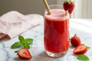 copo alto com suco de morango natural vermelho vibrante decorados com morango fresco na borda e hortelã sobre mármore branco
