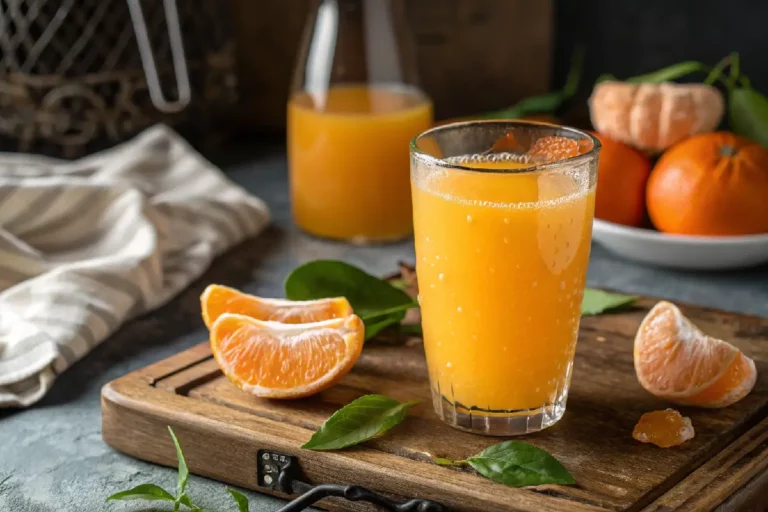 Copo de suco de tangerina fresco com gomos da fruta ao lado em uma mesa de madeira