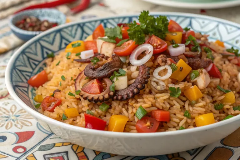 Prato de arroz com pedaços suculentos de polvo, ervas frescas e temperos.