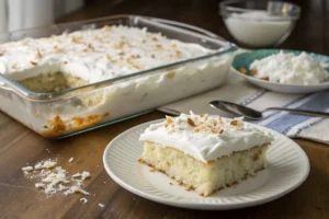 Bolo gelado de coco cremoso, com camadas de massa úmida e cobertura branca de coco ralado, servido em travessa transparente.