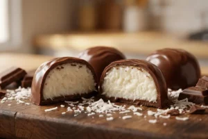 Bombom prestígio caseiro com casca de chocolate meio amargo crocante e recheio cremoso de coco partido ao meio