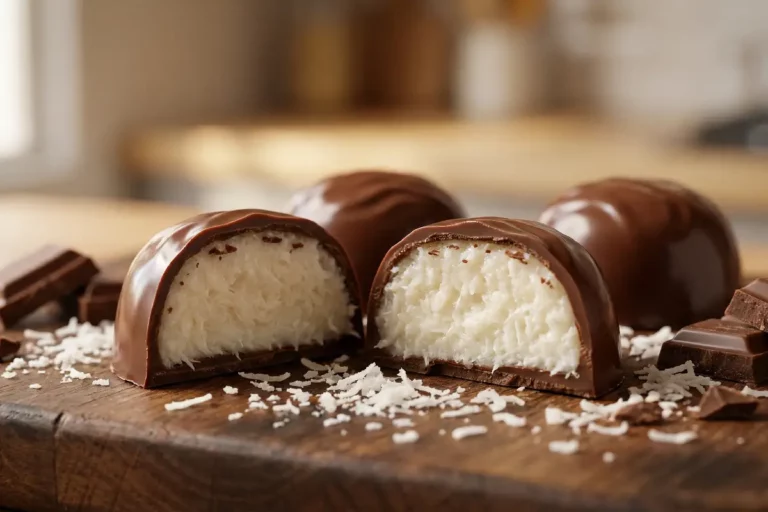 Bombom prestígio caseiro com casca de chocolate meio amargo crocante e recheio cremoso de coco partido ao meio