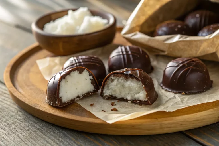 Bombom Prestígio caseiro com recheio cremoso de coco envolto em chocolate ao leite, formato cilíndrico tradicional e superfície brilhante.