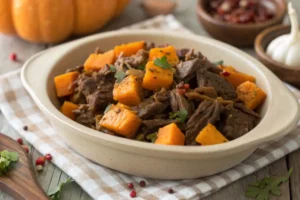 Prato de carne seca desfiada com pedaços de abóbora cozida e temperos.