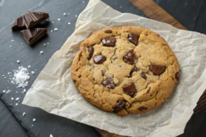Cookie de chocolate gigante dourado com centro cremoso partido ao meio revelando interior macio e chocolate derretido sobre ardósia escura