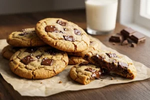 Cookies de chocolate caseiros com bordas crocantes e centro macio partido ao meio revelando chocolate derretido