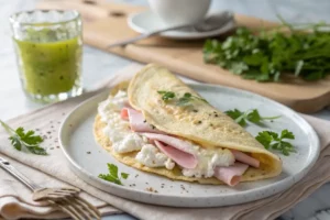 Crepioca com Peito de Peru e Queijo Cottage, perfeita para café da manhã saudável.