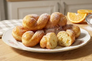 Cueca virada de laranja recém-desenformada em prato de cerâmica branca com calda de caramelo dourado escorrendo pelas laterais e raspas de laranja por cima
