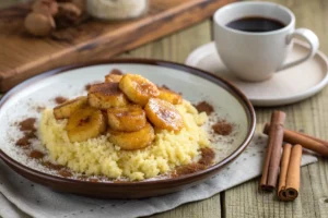 Cuscuz de milho amarelo coberto com fatias de banana, servido em prato rústico com açúcar polvilhado﻿.