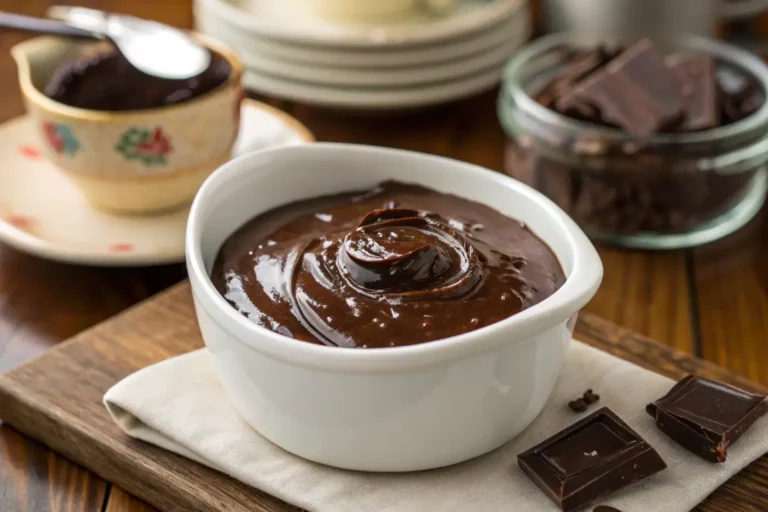 Pote de Danete caseiro cremoso de chocolate com cobertura lisa.