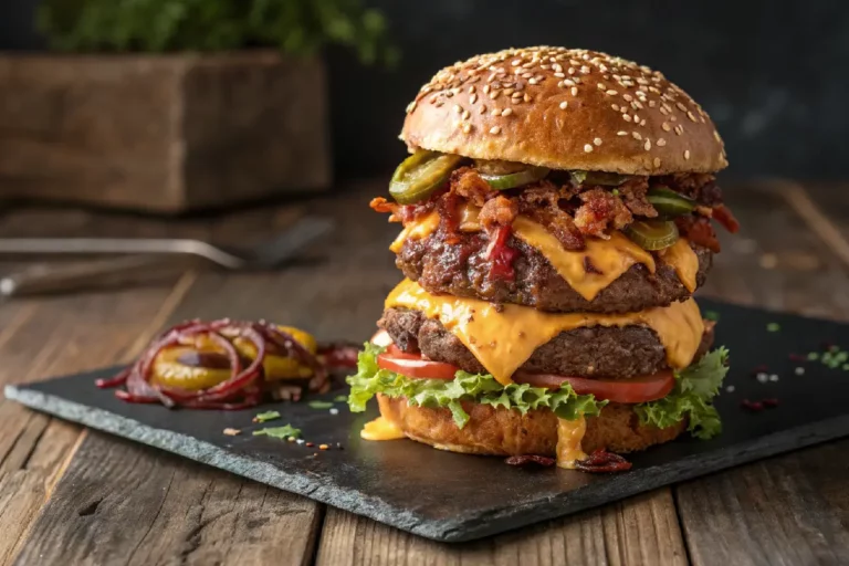 Hambúrguer artesanal de padaria completo com pão de padaria dourado, blend suculento, queijo cheddar derretido e molho especial escorrendo