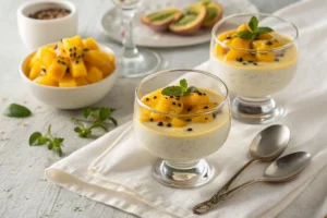 Mousse tropical cremosa com frutas silvestres, polpa de maracujá, coco ralado e calda vermelha, servida em taça transparente.