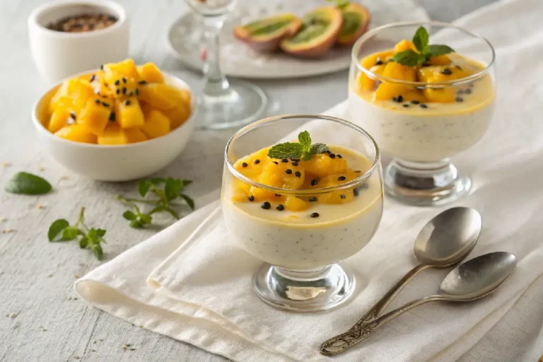 Mousse tropical cremosa com frutas silvestres, polpa de maracujá, coco ralado e calda vermelha, servida em taça transparente.